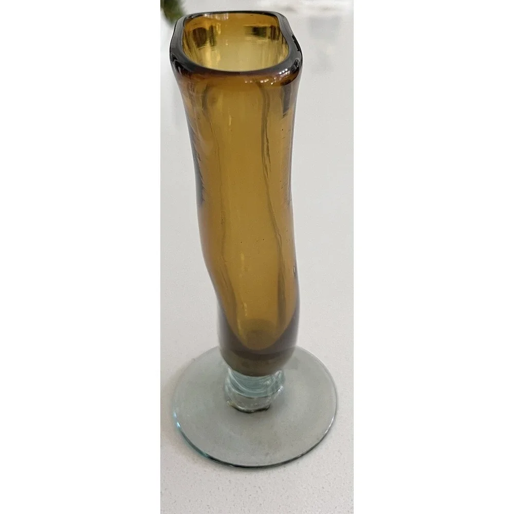 Vtg Hand blown Amber Fan Vase Art Deco Footed Clear Glass Vase